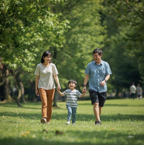 公園を散歩する笑顔のご家族